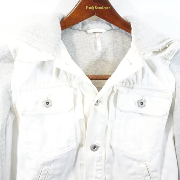 Free People White Hooded Denim Jacket Size XS Knit Sleeves Casual - Picture 3 of 8